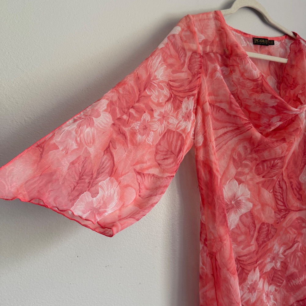 Vintage Y2K Picadilly Sheer Pink Floral Fairy Cowl Neck Asymmetrical Blouse L - Picture 2 of 7